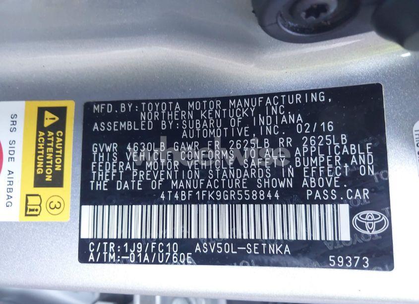 Photo 9 of 2016 Toyota Camry LE (VIN 4T4BF1FK9GR558844)