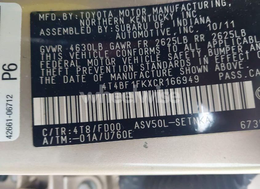 Photo 9 of 2012 Toyota Camry LE (VIN 4T4BF1FKXCR166949)