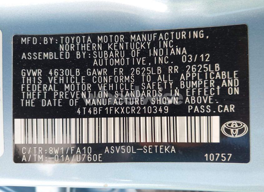 Photo 9 of 2012 Toyota Camry L (VIN 4T4BF1FKXCR210349)