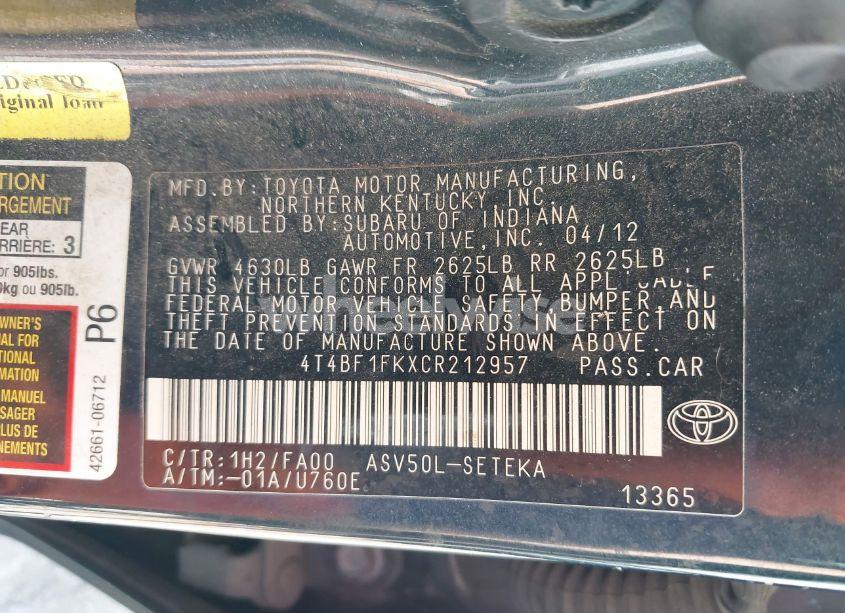 Photo 9 of 2012 Toyota Camry L (VIN 4T4BF1FKXCR212957)