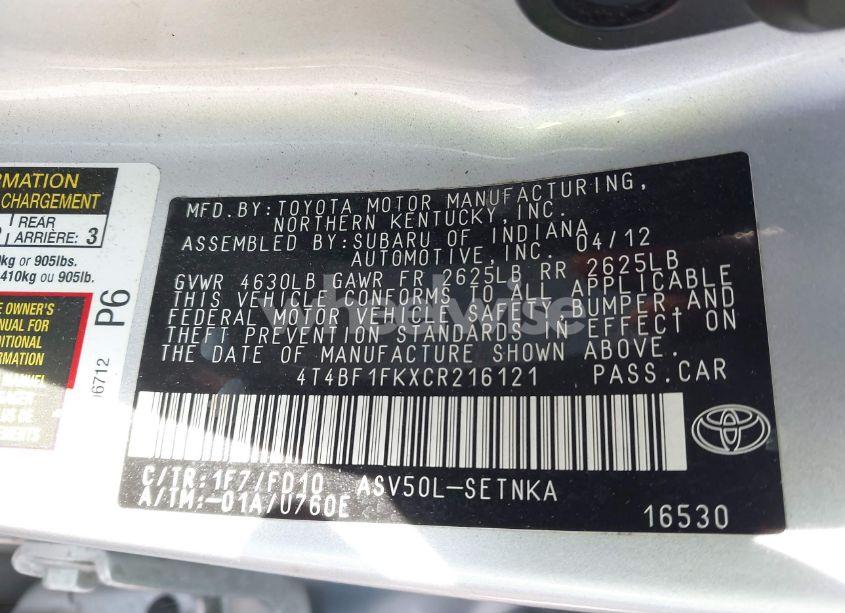 Photo 9 of 2012 Toyota Camry LE (VIN 4T4BF1FKXCR216121)