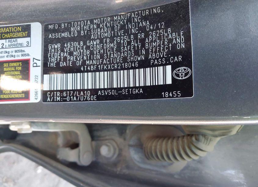 Photo 9 of 2012 Toyota Camry XLE (VIN 4T4BF1FKXCR218046)