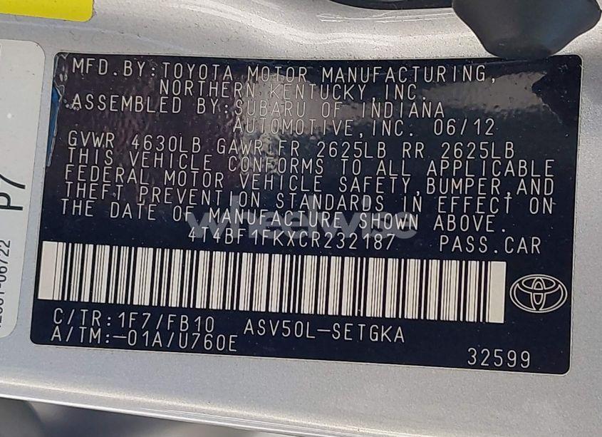 Photo 9 of 2012 Toyota Camry XLE (VIN 4T4BF1FKXCR232187)