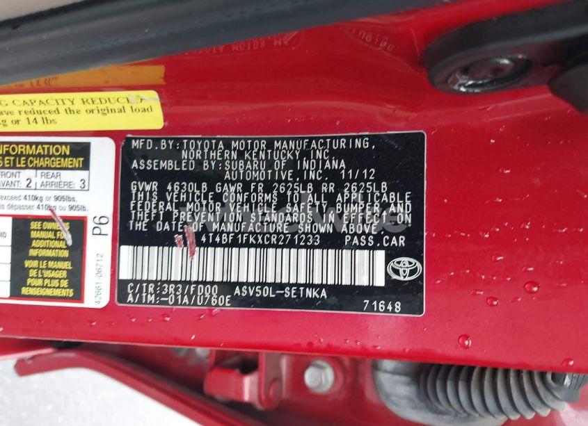 Photo 9 of 2012 Toyota Camry LE (VIN 4T4BF1FKXCR271233)