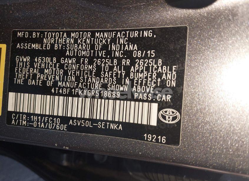 Photo 9 of 2016 Toyota Camry LE (VIN 4T4BF1FKXGR518689)