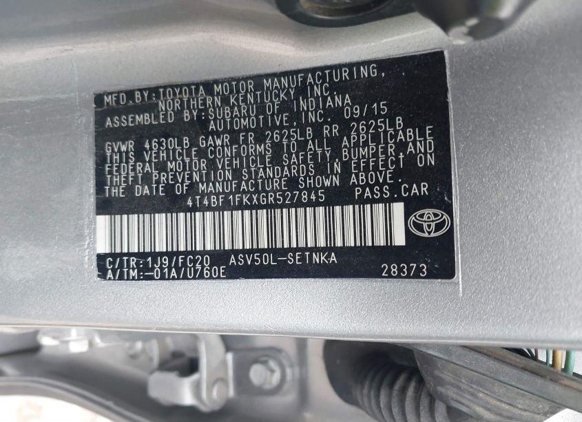 Photo 9 of 2016 Toyota Camry LE (VIN 4T4BF1FKXGR527845)