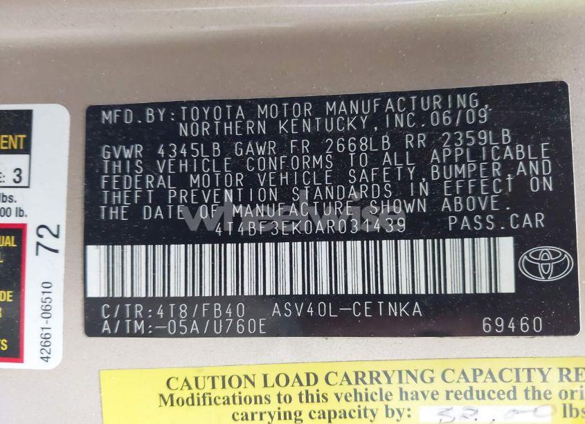 Photo 9 of 2010 Toyota Camry LE (VIN 4T4BF3EK0AR031439)