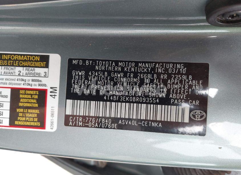 Photo 9 of 2011 Toyota Camry LE (VIN 4T4BF3EK0BR093554)