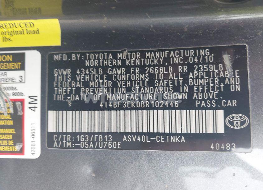 Photo 9 of 2011 Toyota Camry LE (VIN 4T4BF3EK0BR102446)