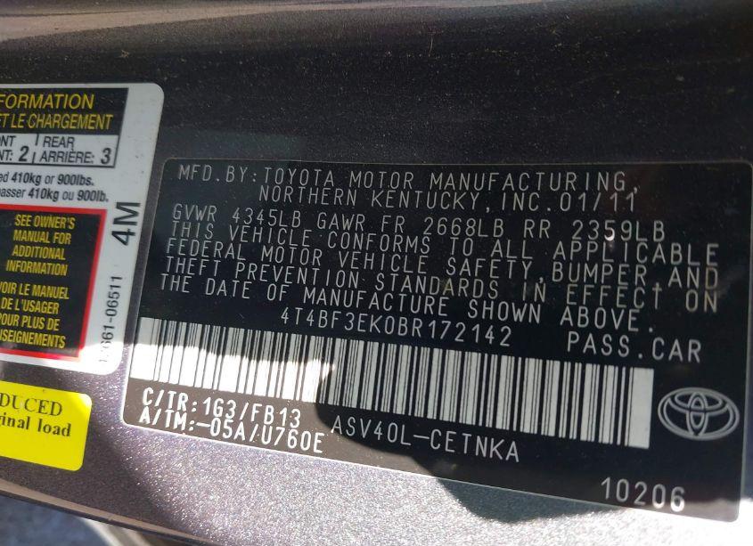 Photo 9 of 2011 Toyota Camry LE (VIN 4T4BF3EK0BR172142)