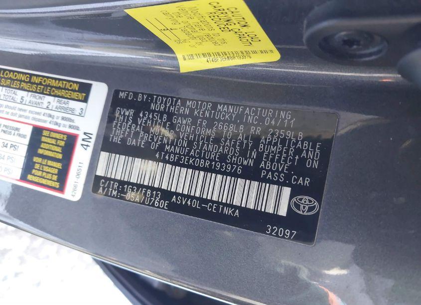 Photo 9 of 2011 Toyota Camry LE (VIN 4T4BF3EK0BR193976)