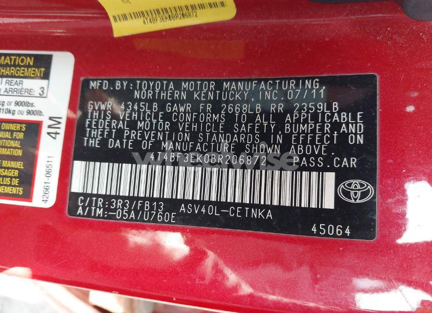 Photo 9 of 2011 Toyota Camry LE (VIN 4T4BF3EK0BR206872)