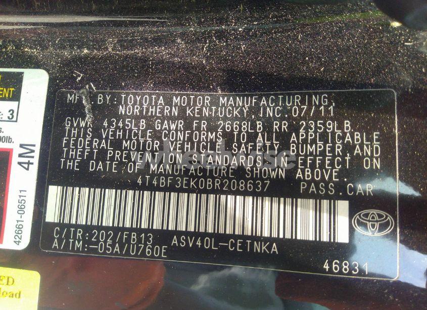 Photo 9 of 2011 Toyota Camry LE (VIN 4T4BF3EK0BR208637)