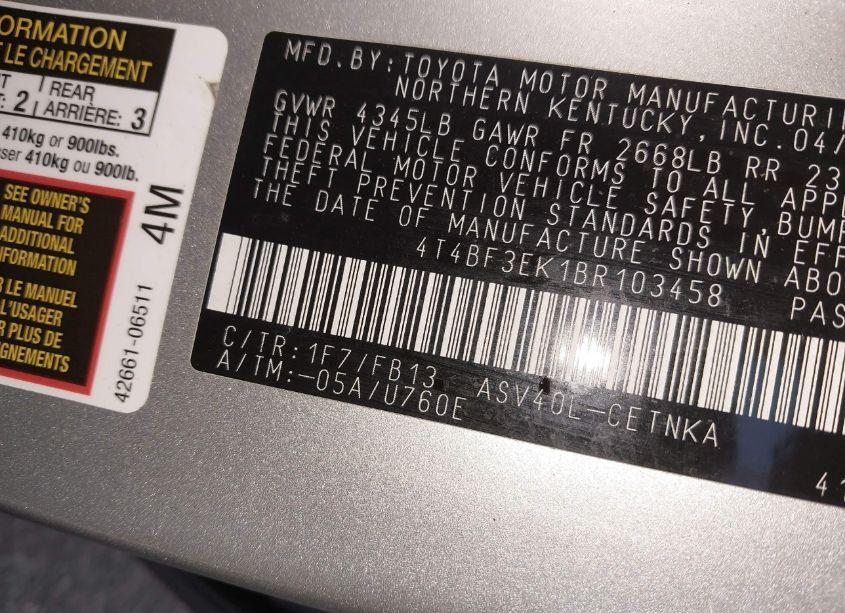 Photo 9 of 2011 Toyota Camry LE (VIN 4T4BF3EK1BR103458)