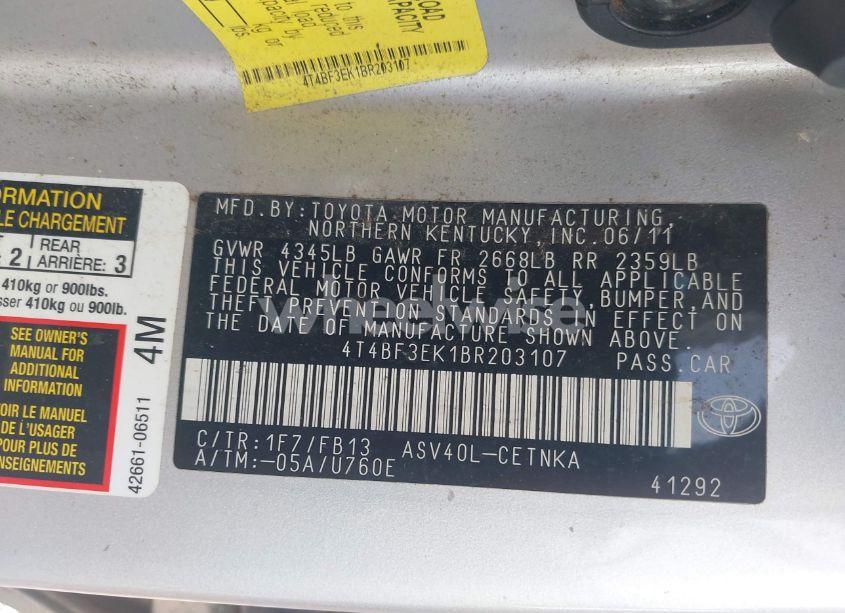 Photo 9 of 2011 Toyota Camry LE (VIN 4T4BF3EK1BR203107)