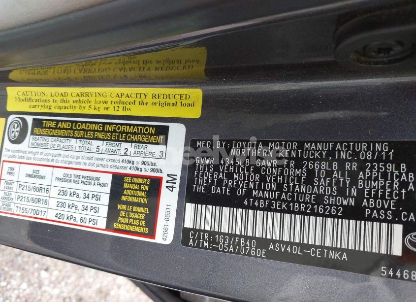 Photo 9 of 2011 Toyota Camry LE (VIN 4T4BF3EK1BR216262)