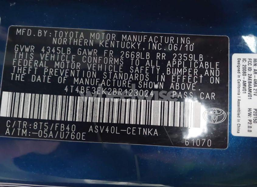 Photo 9 of 2011 Toyota Camry LE (VIN 4T4BF3EK2BR123024)