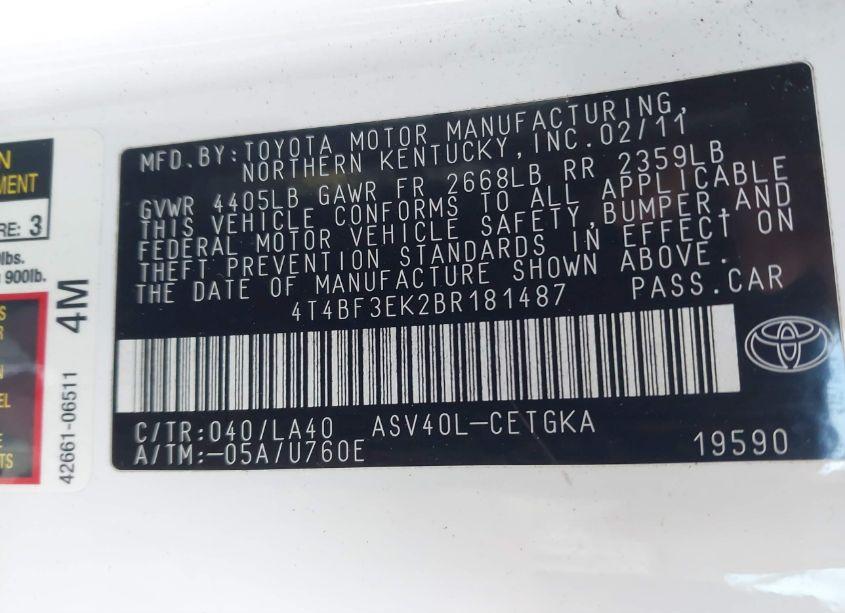 Photo 9 of 2011 Toyota Camry XLE (VIN 4T4BF3EK2BR181487)