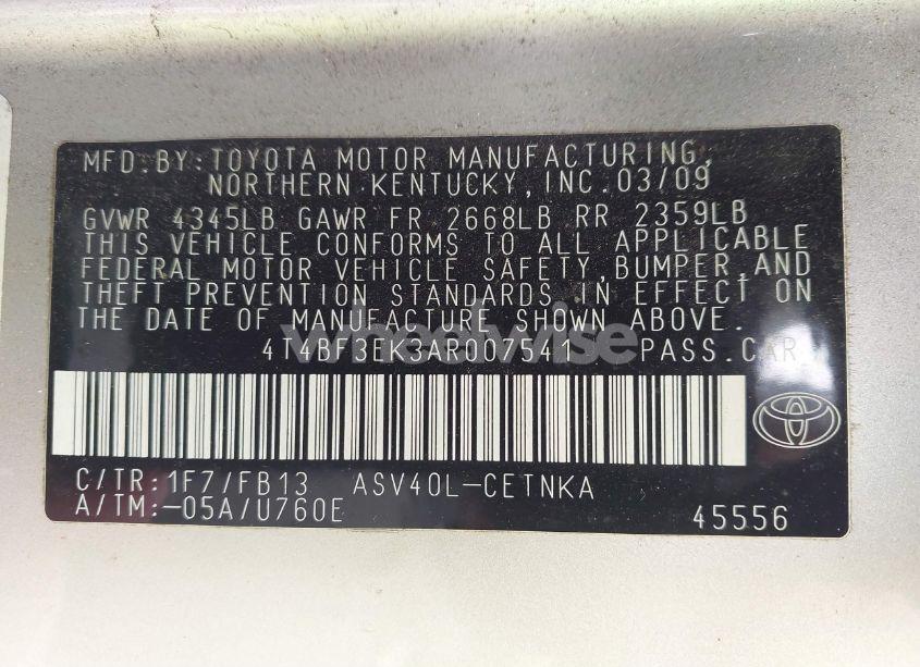 Photo 9 of 2010 Toyota Camry LE (VIN 4T4BF3EK3AR007541)