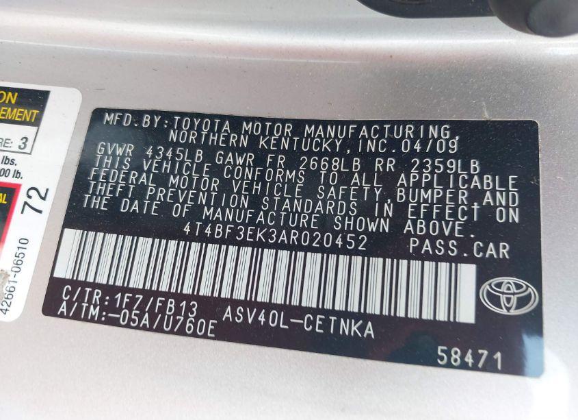 Photo 9 of 2010 Toyota Camry LE (VIN 4T4BF3EK3AR020452)