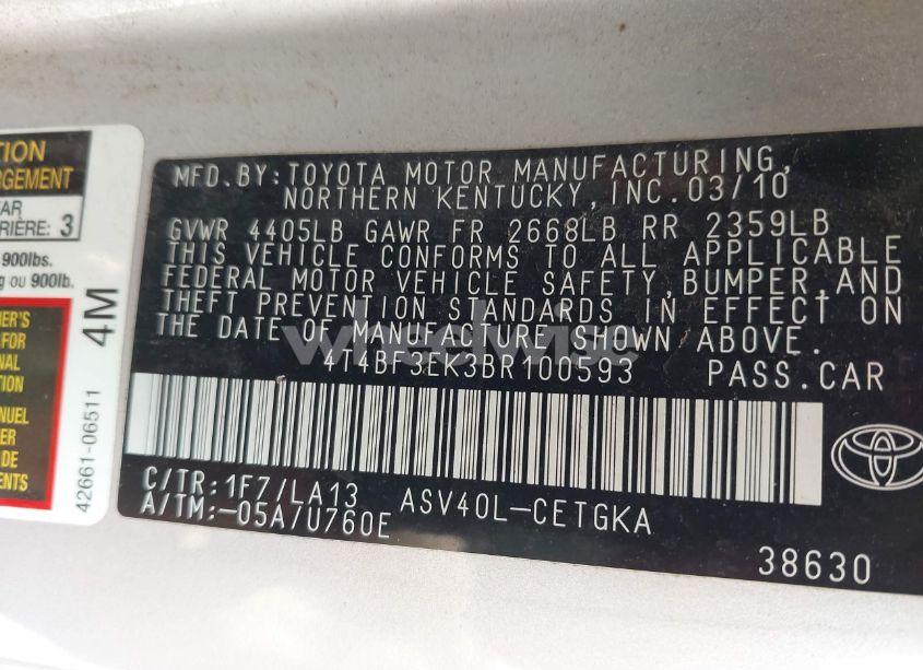 Photo 9 of 2011 Toyota Camry XLE (VIN 4T4BF3EK3BR100593)