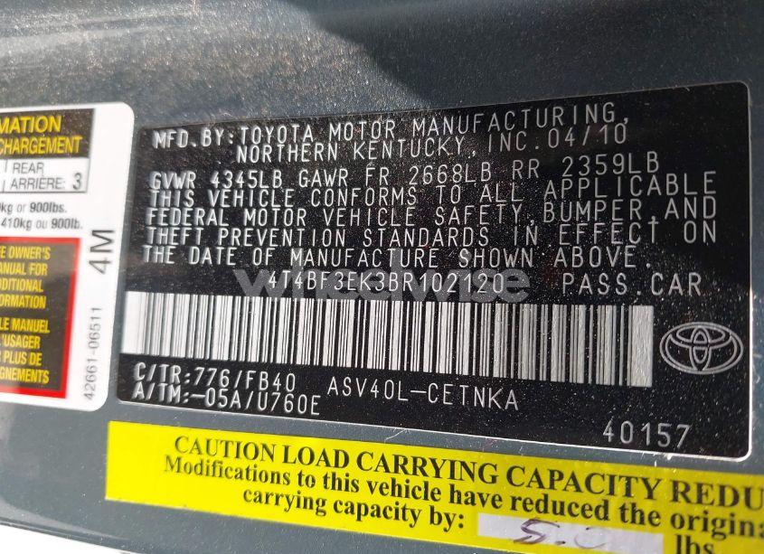 Photo 9 of 2011 Toyota Camry LE (VIN 4T4BF3EK3BR102120)