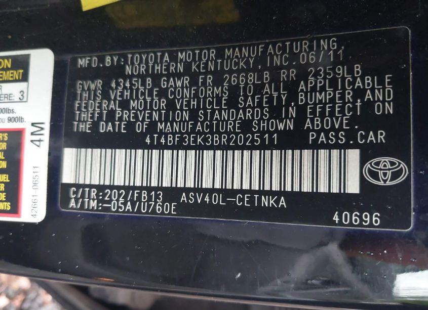 Photo 9 of 2011 Toyota Camry LE (VIN 4T4BF3EK3BR202511)