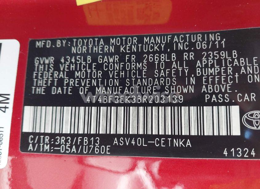 Photo 9 of 2011 Toyota Camry LE (VIN 4T4BF3EK3BR203139)