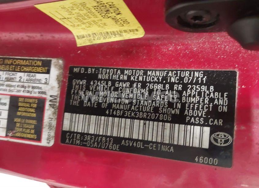 Photo 9 of 2011 Toyota Camry LE (VIN 4T4BF3EK3BR207806)