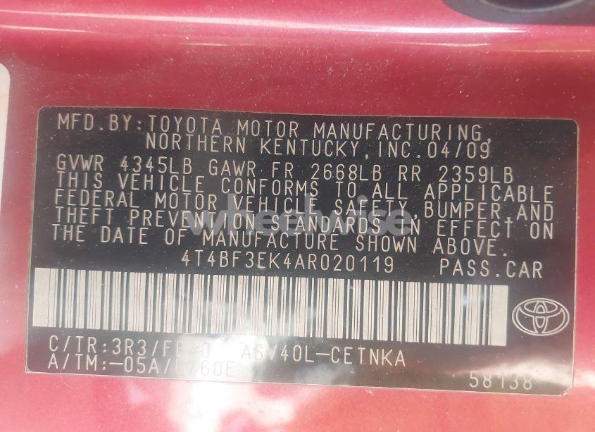 Photo 9 of 2010 Toyota Camry LE (VIN 4T4BF3EK4AR020119)