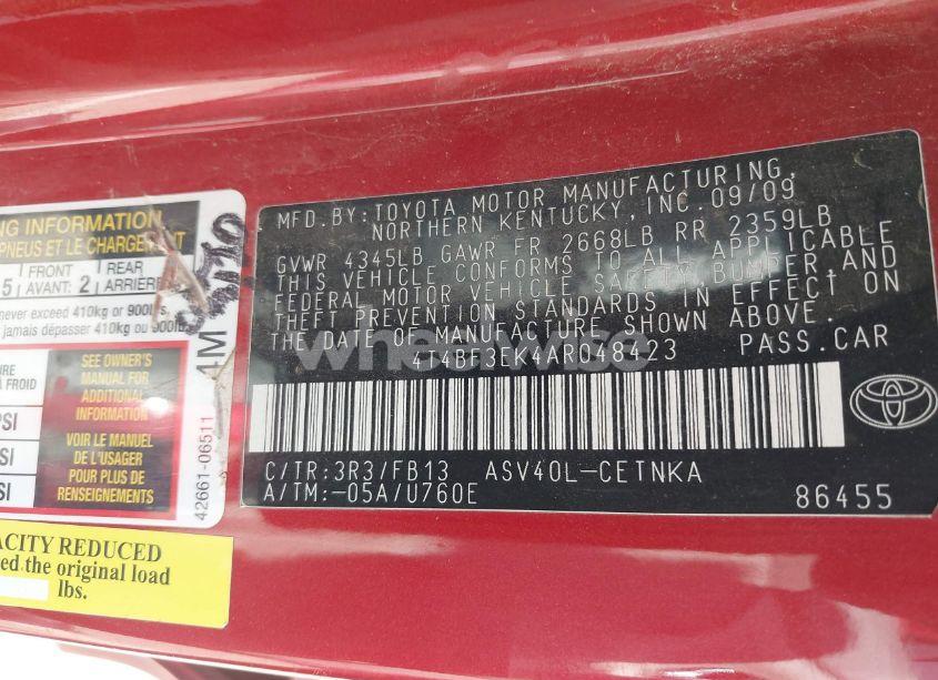 Photo 9 of 2010 Toyota Camry LE (VIN 4T4BF3EK4AR048423)