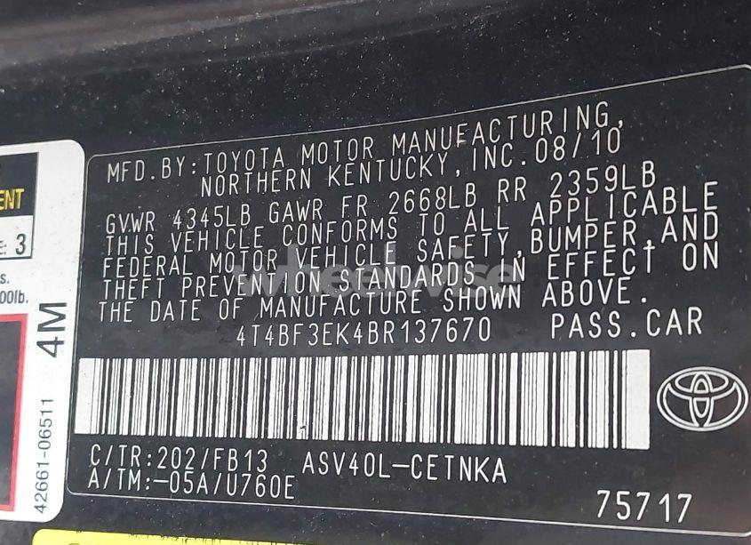 Photo 9 of 2011 Toyota Camry LE (VIN 4T4BF3EK4BR137670)