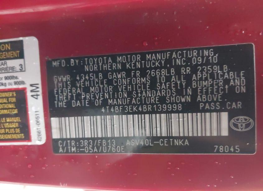 Photo 9 of 2011 Toyota Camry LE (VIN 4T4BF3EK4BR139998)