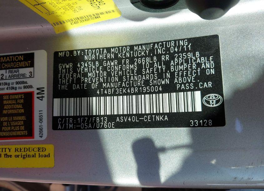 Photo 9 of 2011 Toyota Camry LE (VIN 4T4BF3EK4BR195004)