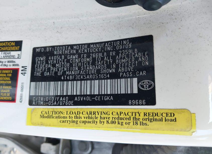 Photo 9 of 2010 Toyota Camry XLE (VIN 4T4BF3EK5AR051654)