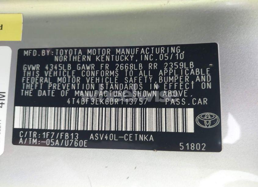 Photo 9 of 2011 Toyota Camry (VIN 4T4BF3EK6BR113757)