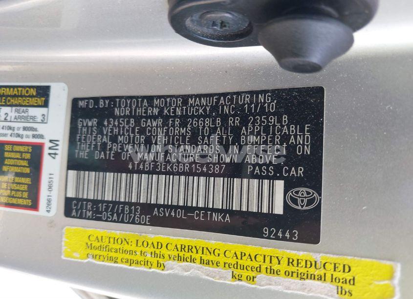 Photo 9 of 2011 Toyota Camry LE (VIN 4T4BF3EK6BR154387)