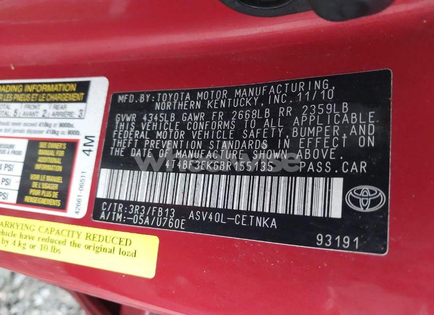 Photo 9 of 2011 Toyota Camry LE (VIN 4T4BF3EK6BR155135)