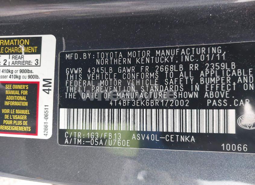 Photo 9 of 2011 Toyota Camry LE (VIN 4T4BF3EK6BR172002)