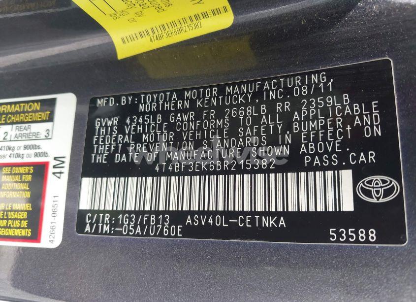 Photo 9 of 2011 Toyota Camry LE (VIN 4T4BF3EK6BR215382)