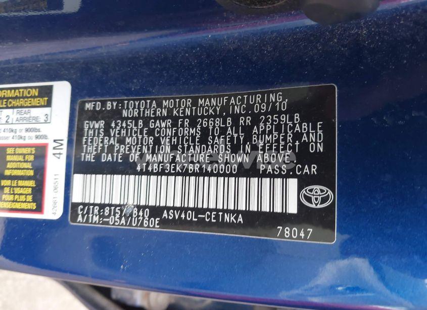 Photo 9 of 2011 Toyota Camry SE/LE/XLE (VIN 4T4BF3EK7BR140000)