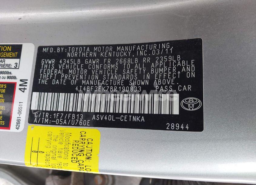 Photo 9 of 2011 Toyota Camry LE (VIN 4T4BF3EK7BR190833)