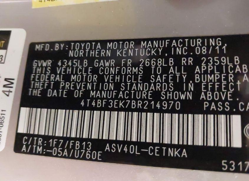 Photo 9 of 2011 Toyota Camry LE (VIN 4T4BF3EK7BR214970)