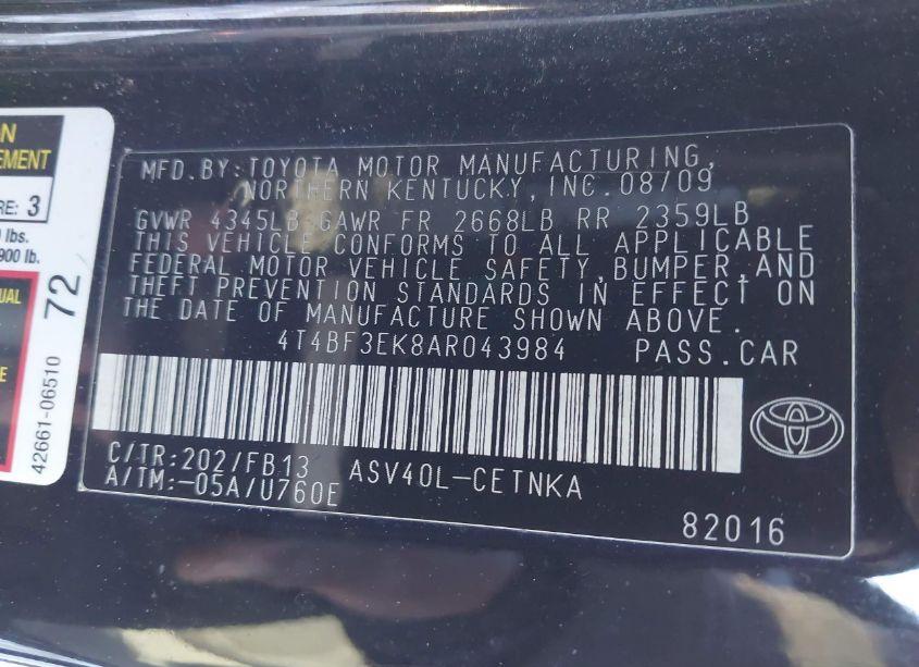 Photo 9 of 2010 Toyota Camry LE (VIN 4T4BF3EK8AR043984)