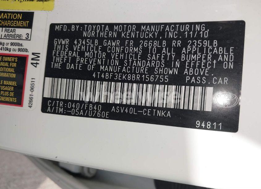 Photo 9 of 2011 Toyota Camry LE (VIN 4T4BF3EK8BR156755)