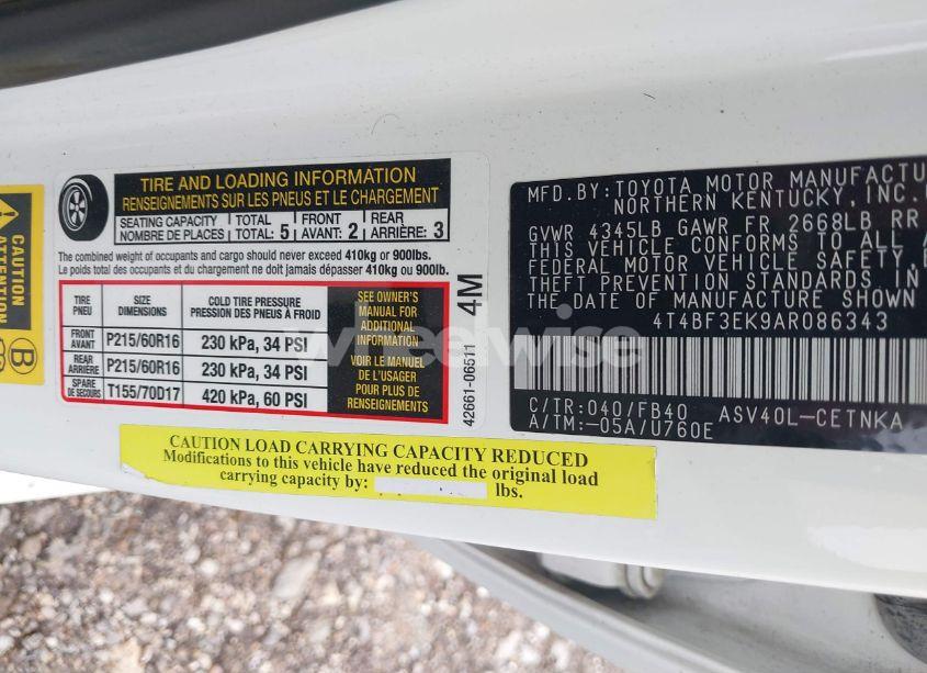 Photo 9 of 2010 Toyota Camry LE (VIN 4T4BF3EK9AR086343)