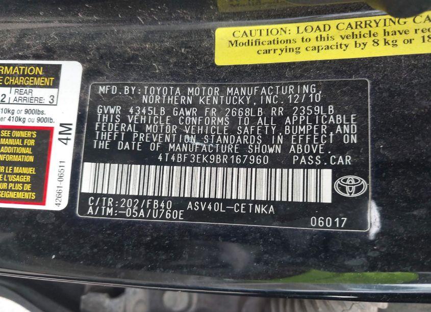 Photo 9 of 2011 Toyota Camry LE (VIN 4T4BF3EK9BR167960)