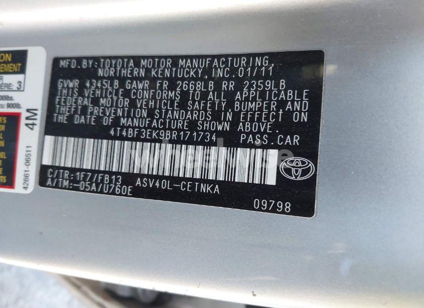 Photo 9 of 2011 Toyota Camry LE (VIN 4T4BF3EK9BR171734)