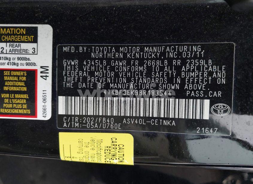 Photo 9 of 2011 Toyota Camry LE (VIN 4T4BF3EK9BR183544)