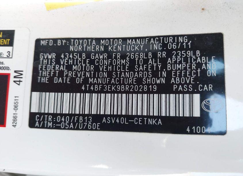 Photo 9 of 2011 Toyota Camry LE (VIN 4T4BF3EK9BR202819)